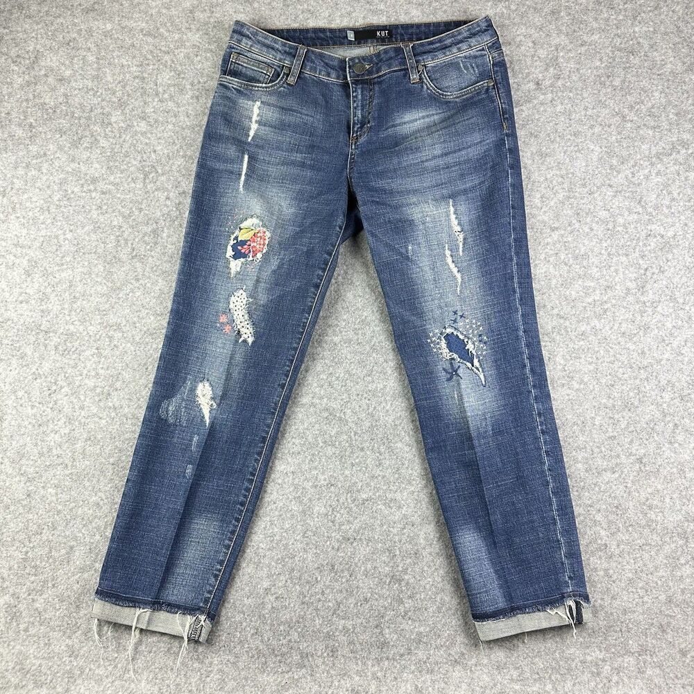 Kut From the Kluth KFTK Uma Boyfriend Jeans Womens 6 Distressed Patchwork Cuffed
